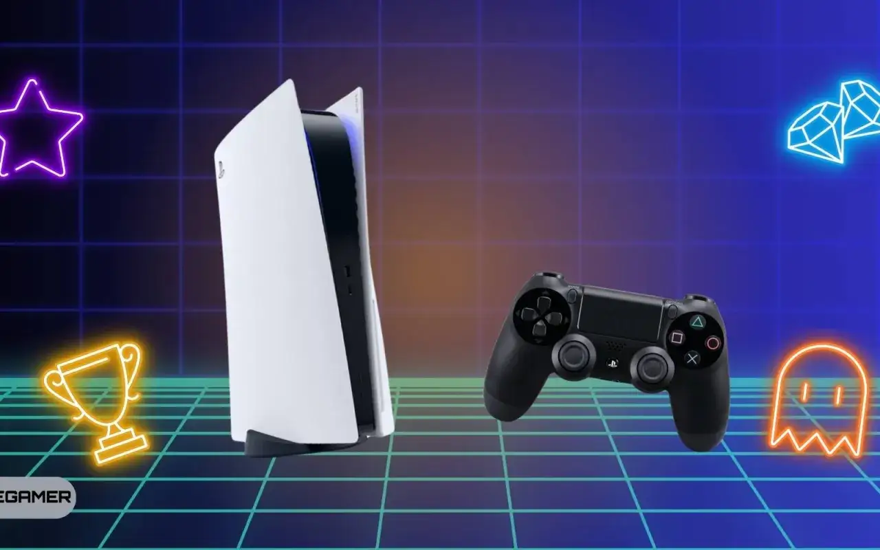 Konsola PS5 i pad od PS4. Czy pad od PS4 pasuje do PS5? Neonowe ozdoby: gwiazdka, pucharek, diamenty i duszek.