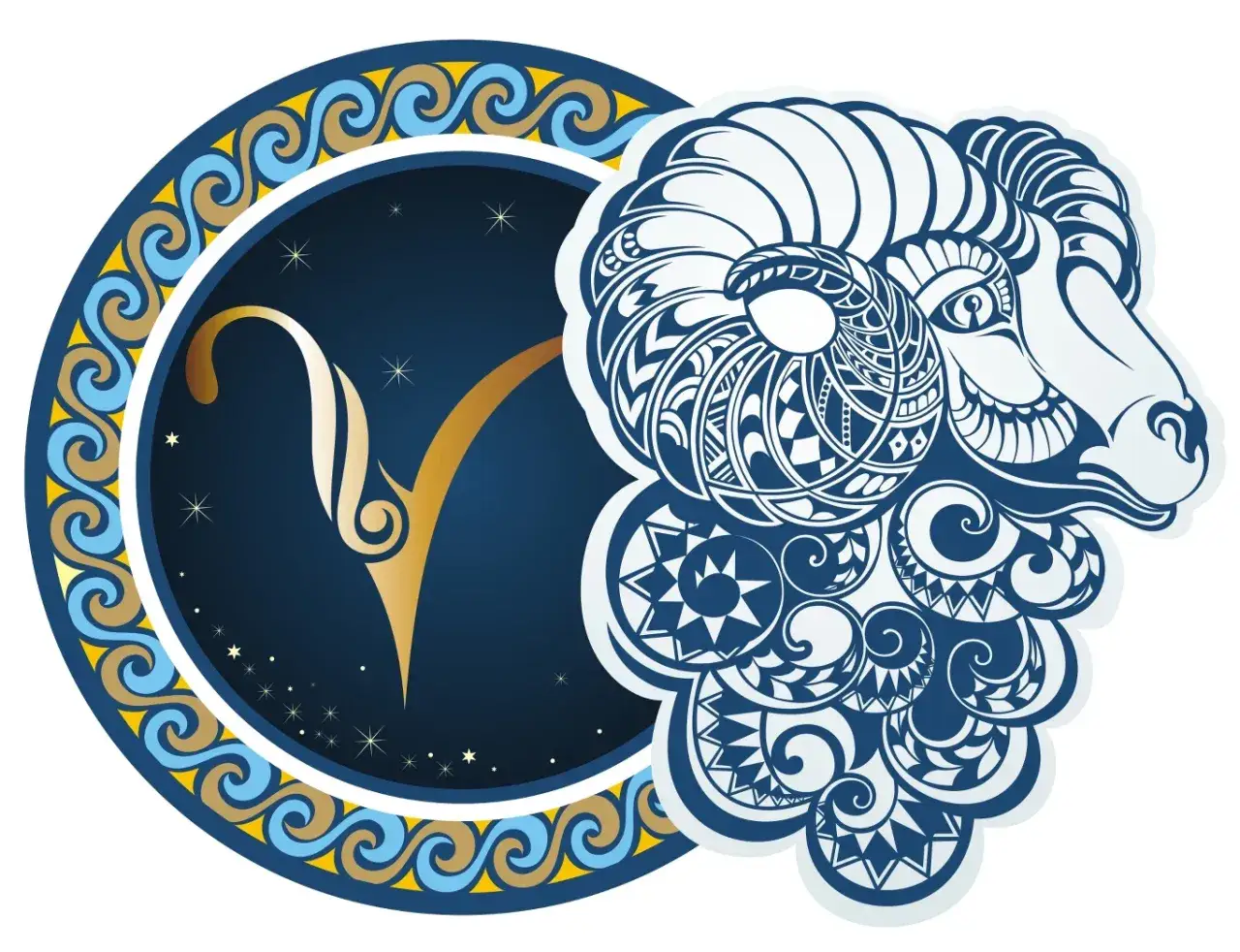 Stylizowany baran z ozdobnymi rogami i symbolem zodiaku. Koziorożec nie jest widoczny.