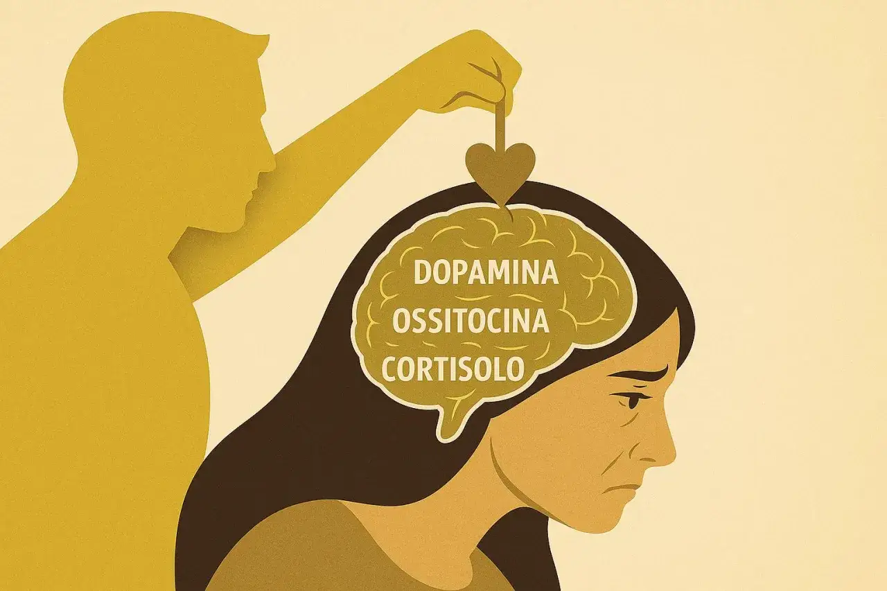 Un uomo inserisce un cuore nel cervello di una donna, simboleggiando come facendo l'amore ci si innamora, tra dopamina, ossitocina e cortisolo.