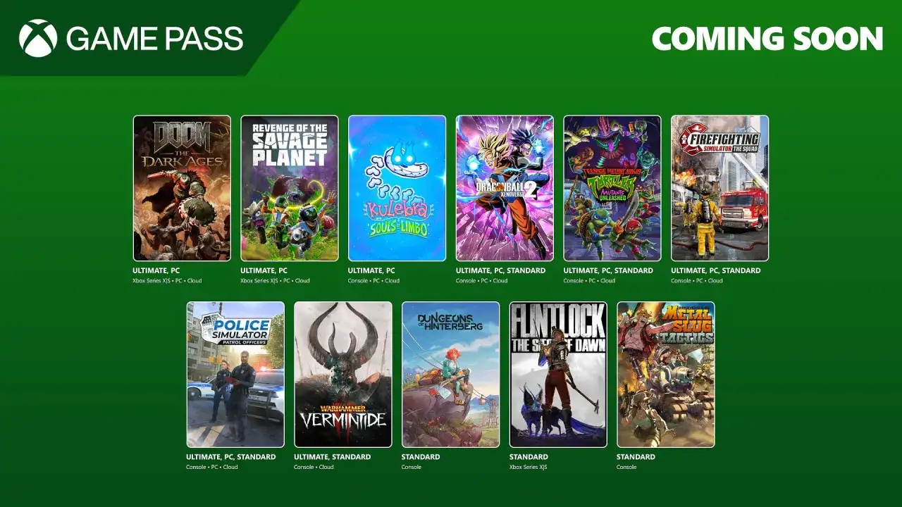 Nadchodzące gry w Game Pass: DOOM, Revenge of the Savage Planet, Dragon Ball Xenoverse 2, Teenage Mutant Ninja Turtles, Firefighting Simulator, Police Simulator, Warhammer Vermintide, Dungeons of Hinterberg, Flintlock, Metal Slug Tactics.