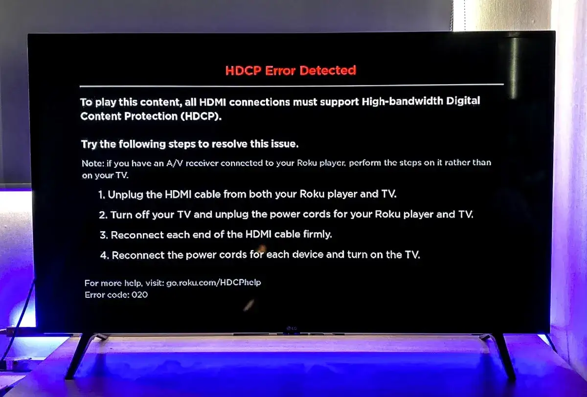 Błąd HDCP wykryty. Aby odtworzyć treści, połączenia HDMI muszą obsługiwać ochronę HDCP. Sprawdź instrukcje rozwiązania problemu.