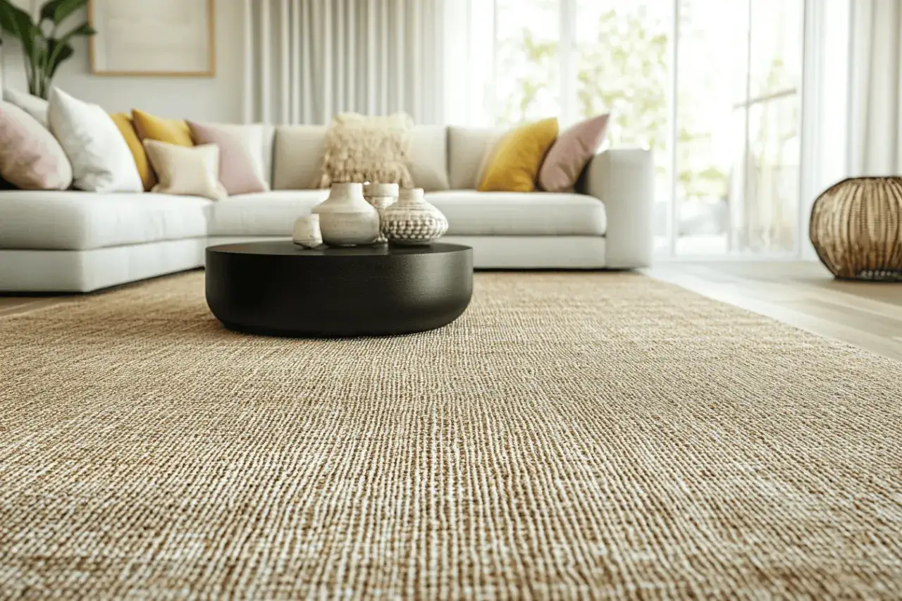 Un salon moderne avec un tapis en jonc de mer, un canap&eacute; blanc et une table basse noire. L'entretien du jonc de mer est simple pour garder cet espace accueillant.