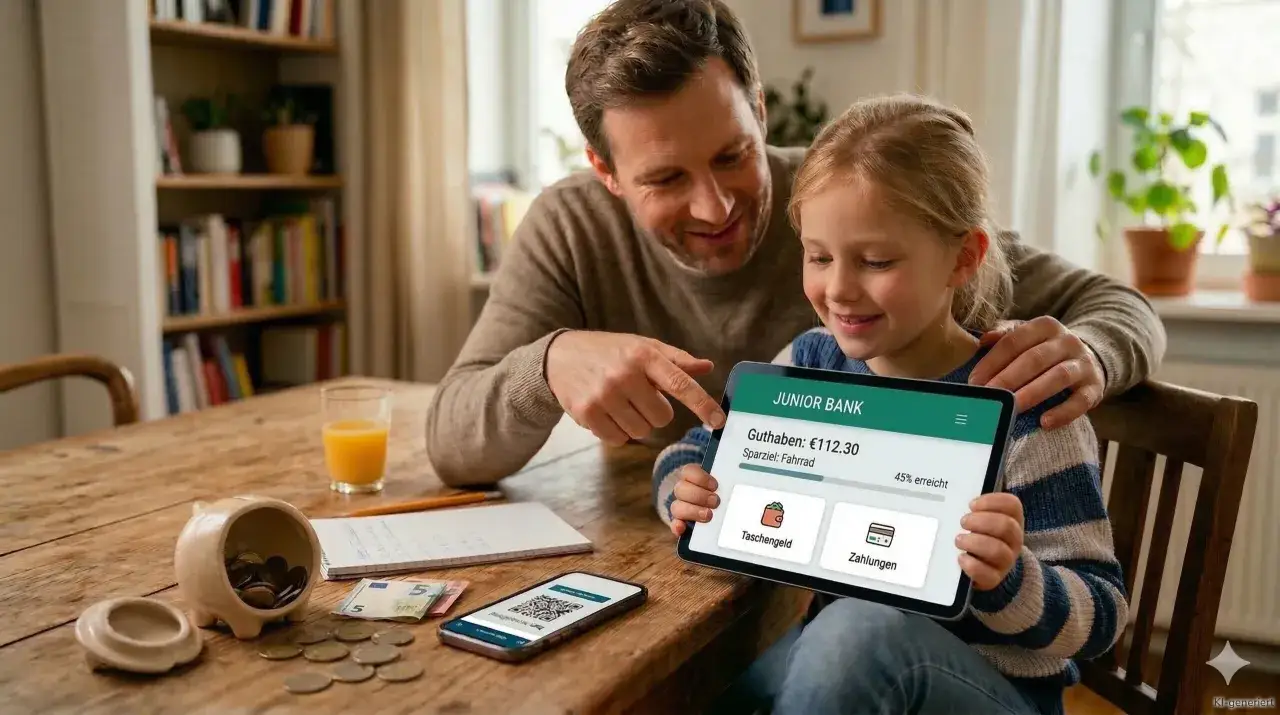 Vater und Tochter schauen auf ein Tablet, das ein kinder sparkonto zeigt. Sie lernen spielerisch den Umgang mit Geld.