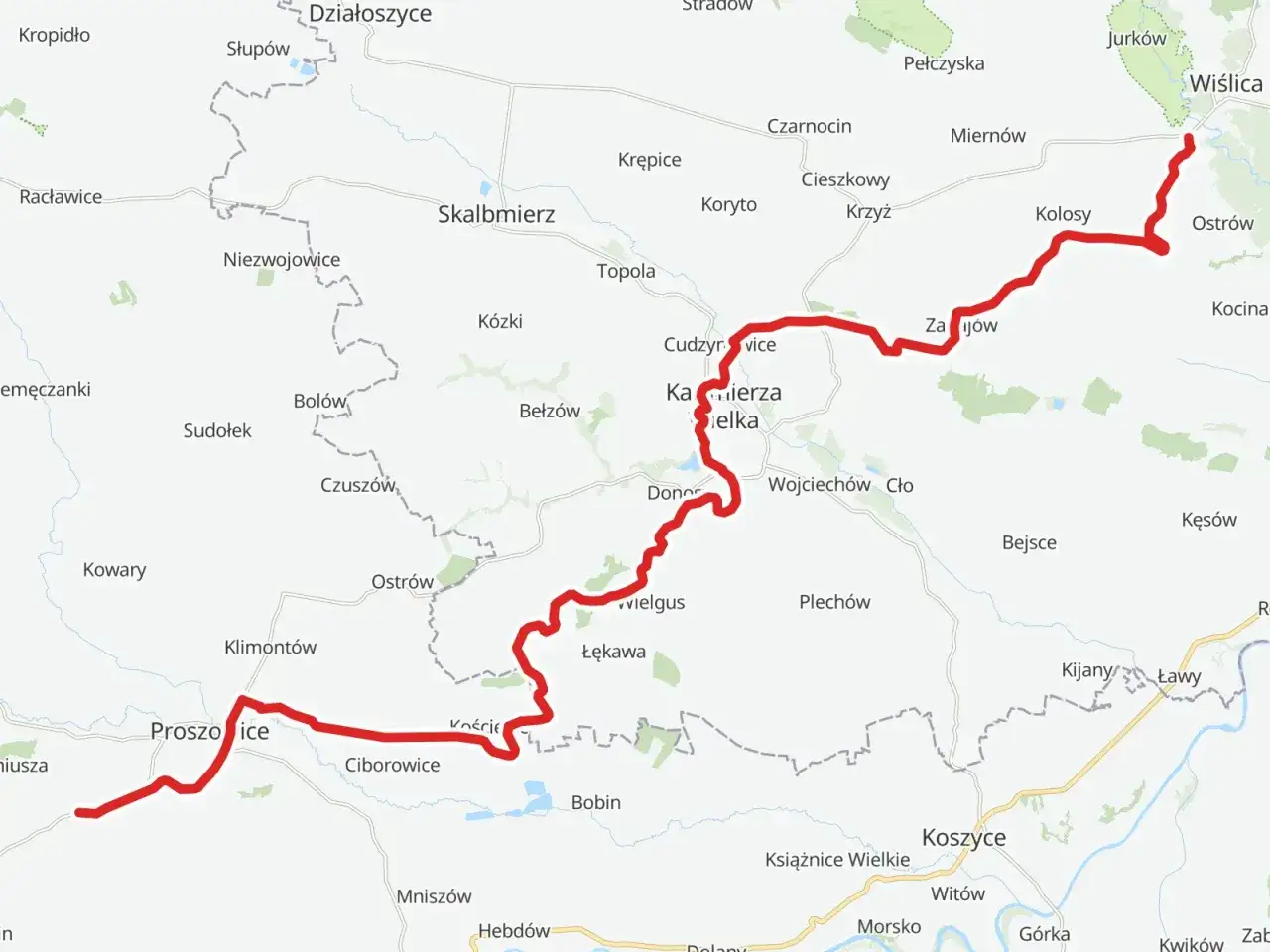 Mapa z zaznaczoną trasą rowerową EuroVelo, prowadzącą przez miejscowości takie jak Proszowice, Kazimierza Wielka i Wiślica.