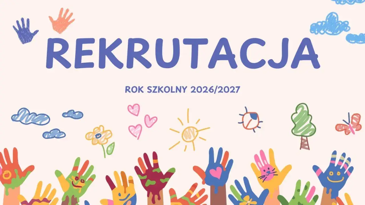 Rekrutacja do przedszkola 2026/2027. Kolorowe dłonie, chmurki, słońce i motylki.