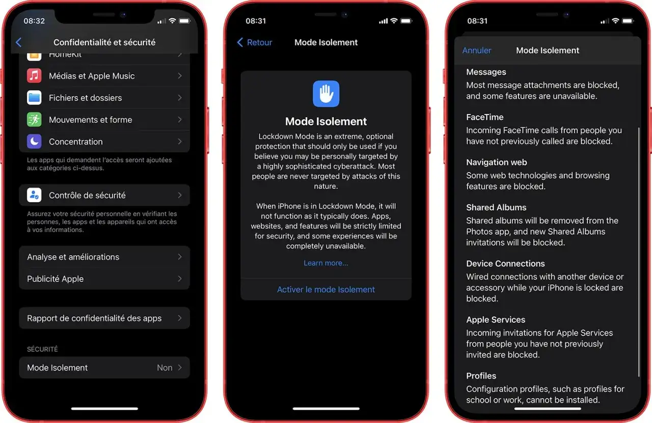 &Eacute;crans d'iPhone montrant les r&eacute;glages de s&eacute;curit&eacute;, avec le 