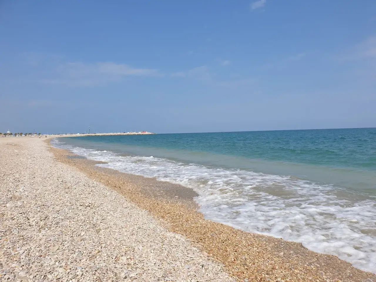 La spiaggia libera di Civitanova Marche, con il suo mare azzurro e la sabbia di conchiglie, invita a una passeggiata rilassante.
