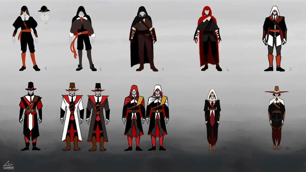 Koncepcje strojów w stylu Assassin's Creed Hexe: od eleganckich po mroczne, z kapturami i charakterystycznymi elementami.