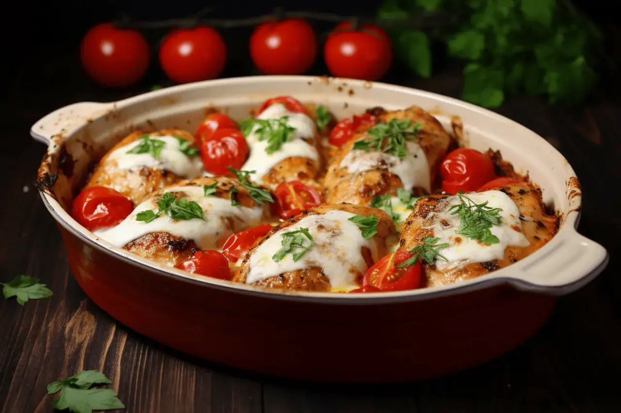 Pyszny kurczak caprese w naczyniu, zapieczony z pomidorkami i mozzarellą, posypany świeżą natką pietruszki.