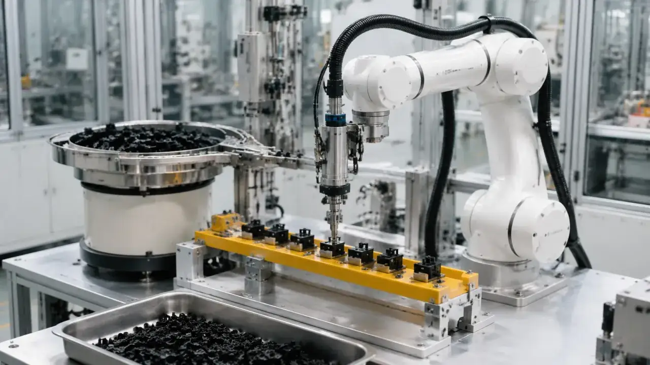 Biały robot współpracujący precyzyjnie pobiera małe czarne elementy z taśmy produkcyjnej, umieszczając je na żółtej linii montażowej.
