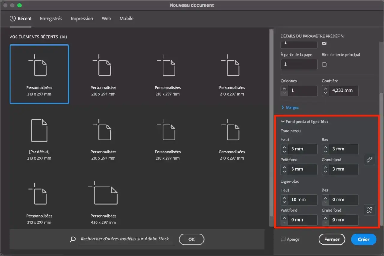 Fenêtre de création de document InDesign. Réglages de fond perdu et de ligne-bloc avec valeurs en mm.