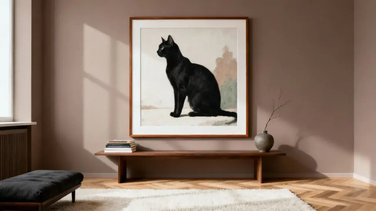 Un tableau de peintre chat noir, assis, trône au-dessus d'un banc en bois.