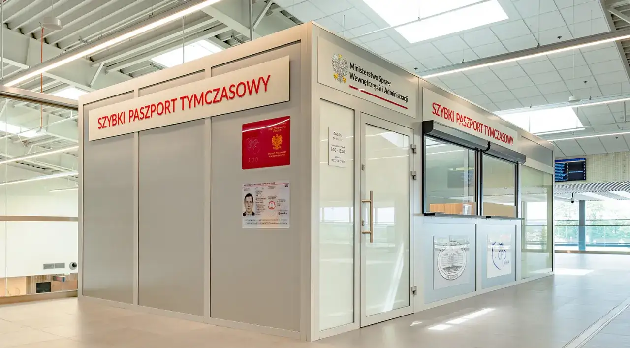 Szybki paszport tymczasowy – punkt obsługi z tablicą informacyjną i wzorem dokumentu.