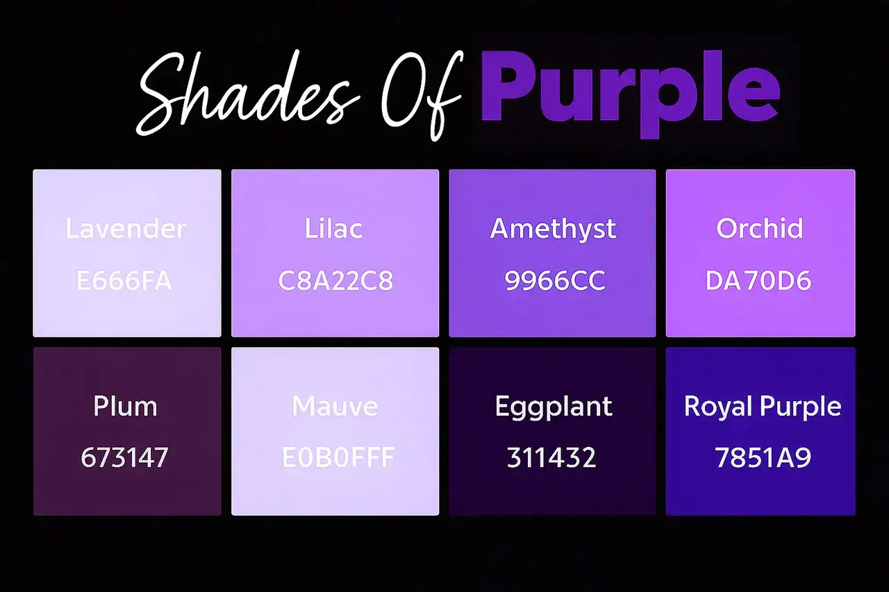 A palette showcasing various shades of purple, from light lavender to deep eggplant, with names and hex codes.