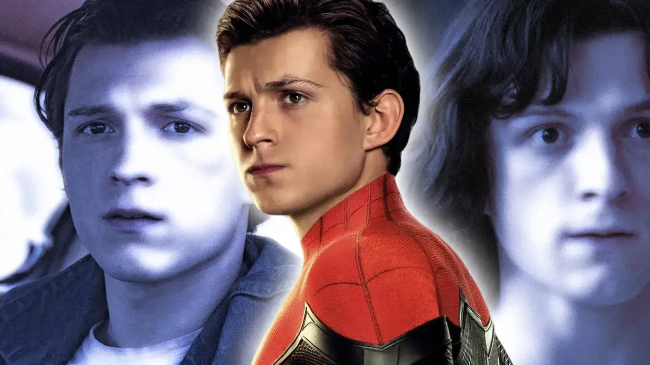 Tom Holland w kostiumie Spider-Mana, obok jego wizerunków z innych tom holland filmy.