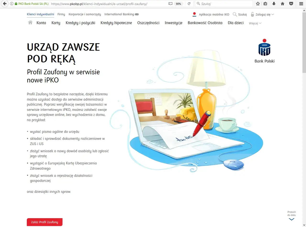 Profil zaufany przez bank PKO BP ułatwia załatwianie spraw urzędowych online. Ilustracja przedstawia laptopa z dokumentem i piórem.