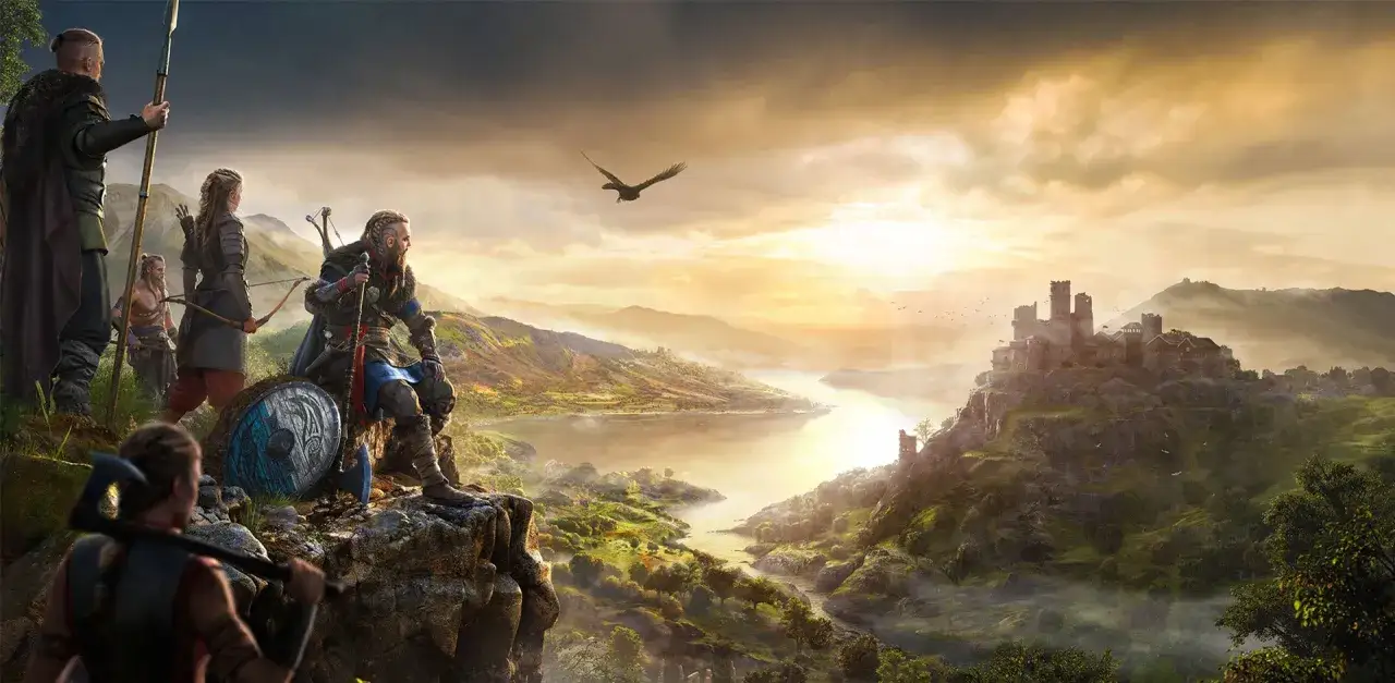 Wikingowie na tle zamku i mglistego krajobrazu. Sprawdź wymagania Assassin's Creed Valhalla.