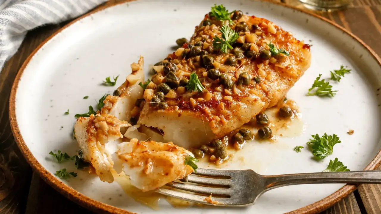 Pyszny halibut ryba z kaparami i natką pietruszki na talerzu, gotowy do zjedzenia.