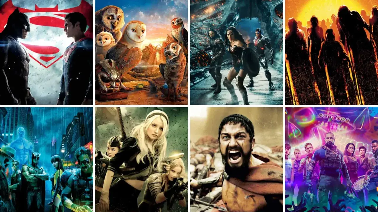 Un collage di film di Zack Snyder: Batman vs Superman, Guardiani della Galassia, Watchmen, 300 e altri.