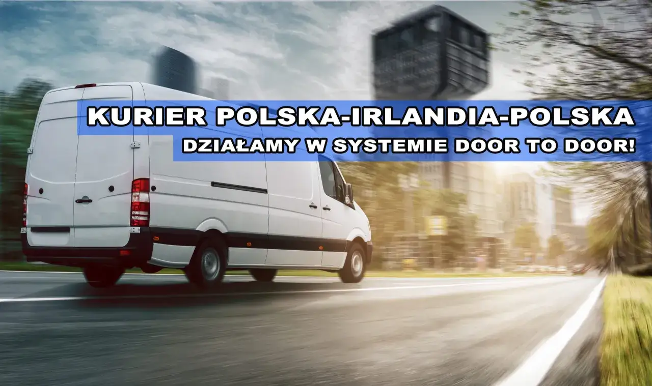 Biały van kurierski w ruchu. Tekst: