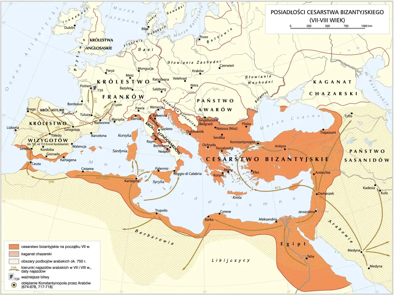 Mapa przedstawia posiadłości Cesarstwa Bizantyjskiego w VII-VIII wieku, ukazując jego zasięg i wpływy w Europie i Azji.