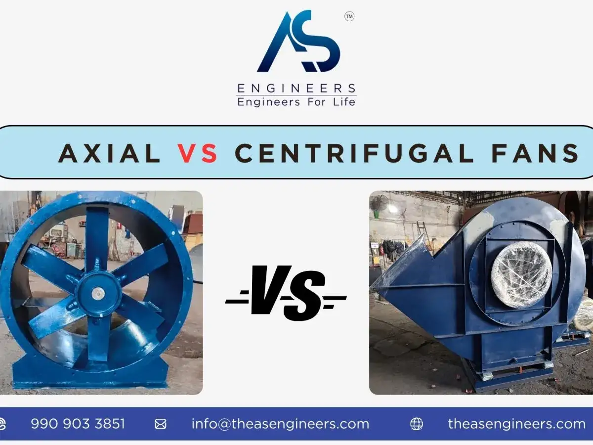Comparativa de tipos de ventiladores industriales: axial y centrífugo. Uno con aspas visibles, el otro con carcasa voluminosa.