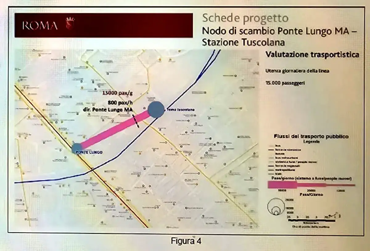 Mappa del nodo di scambio Ponte Lungo MA - Stazione Tuscolana, con flussi di trasporto pubblico e dati sull'utenza giornaliera della linea metro.