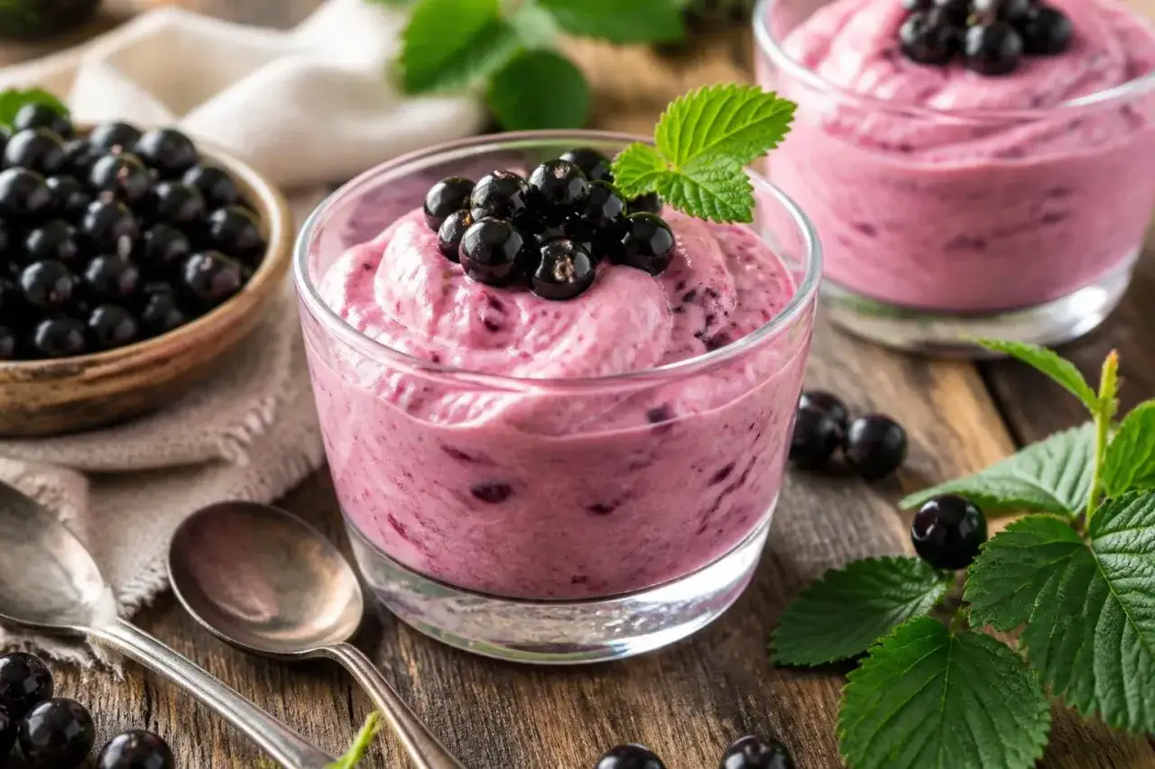Cremiges Dessert mit schwarzen Johannisbeeren, garniert mit frischen Beeren und Minze. Daneben eine Schale voller schwarzer Johannisbeeren.
