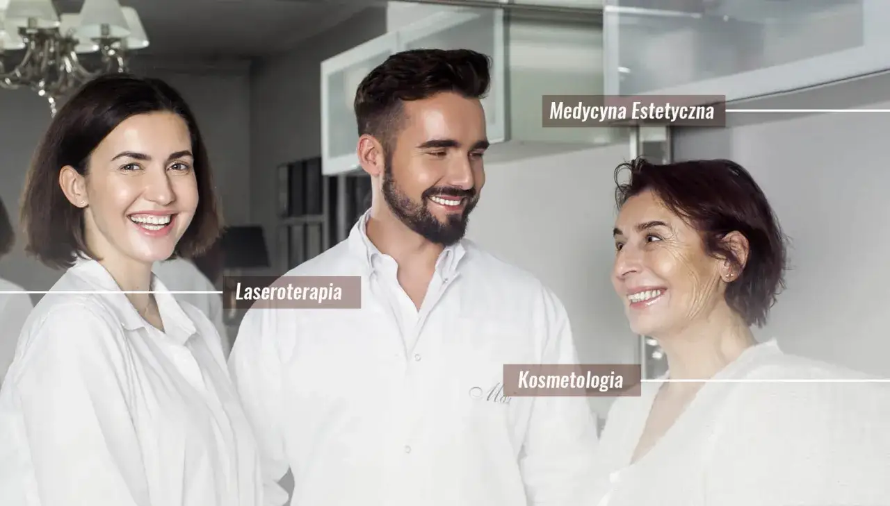 Trzy osoby w białych fartuchach, uśmiechnięte, z napisami: Laseroterapia, Medycyna Estetyczna, Kosmetologia.