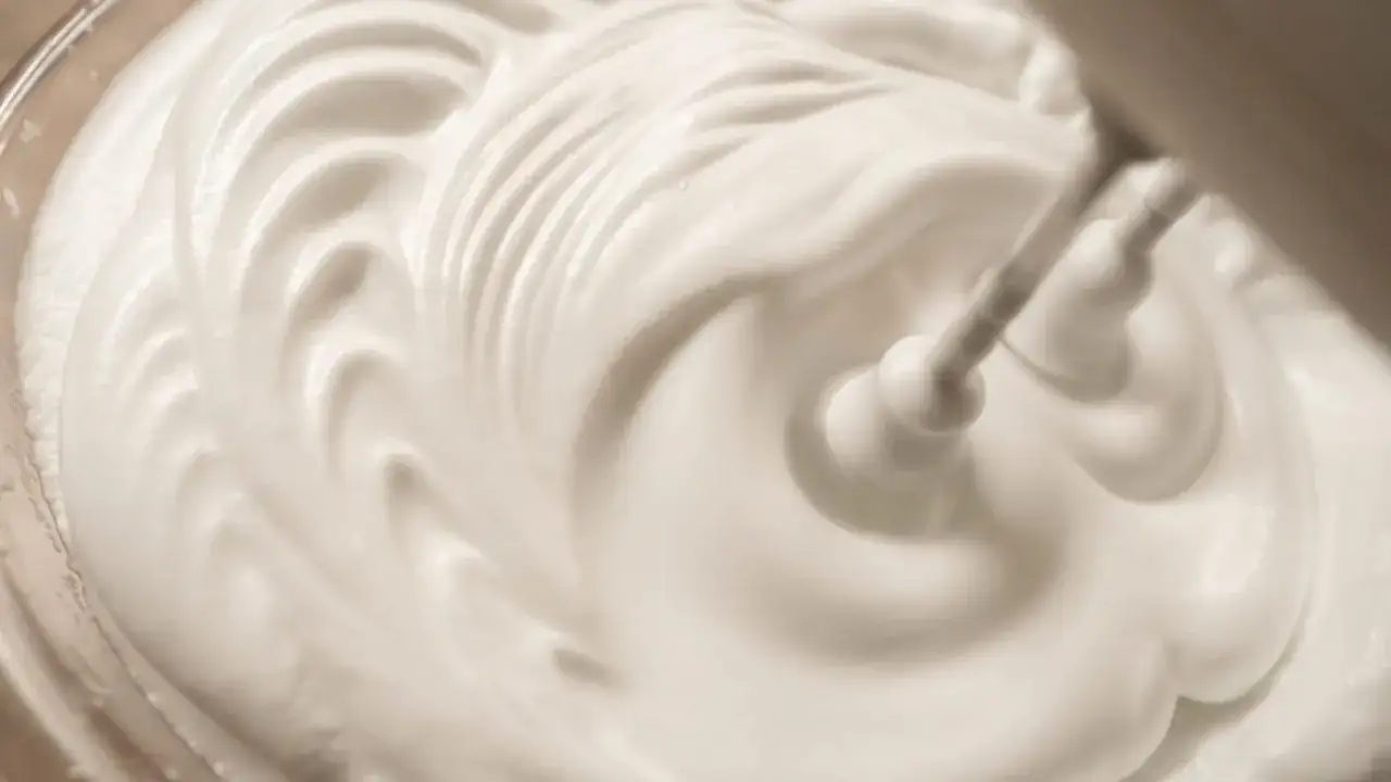 Sahne steif schlagen ohne Sahnesteif gelingt mit einem Handmixer. Die weiße, cremige Masse bildet Wellen.
