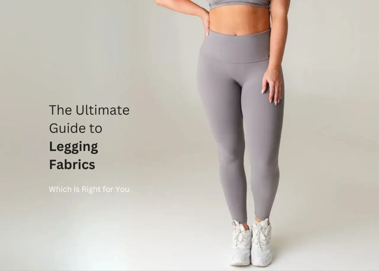 A woman models grey leggings, showcasing the smooth texture of the material. This guide explores what material are leggings made of for ultimate comfort.