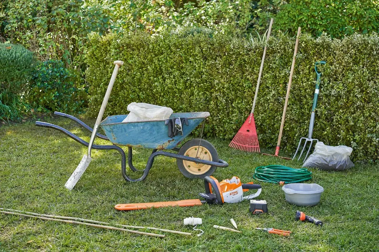 Herramientas listas para plantar setos: carretilla, cortasetos, rastrillo, horca, manguera y tierra.
