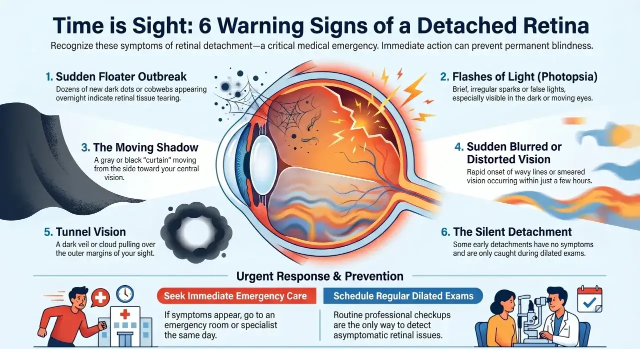 Segni di distacco retina: lampi, ombre, visione a tunnel. Urgente cura medica per prevenire la cecità.