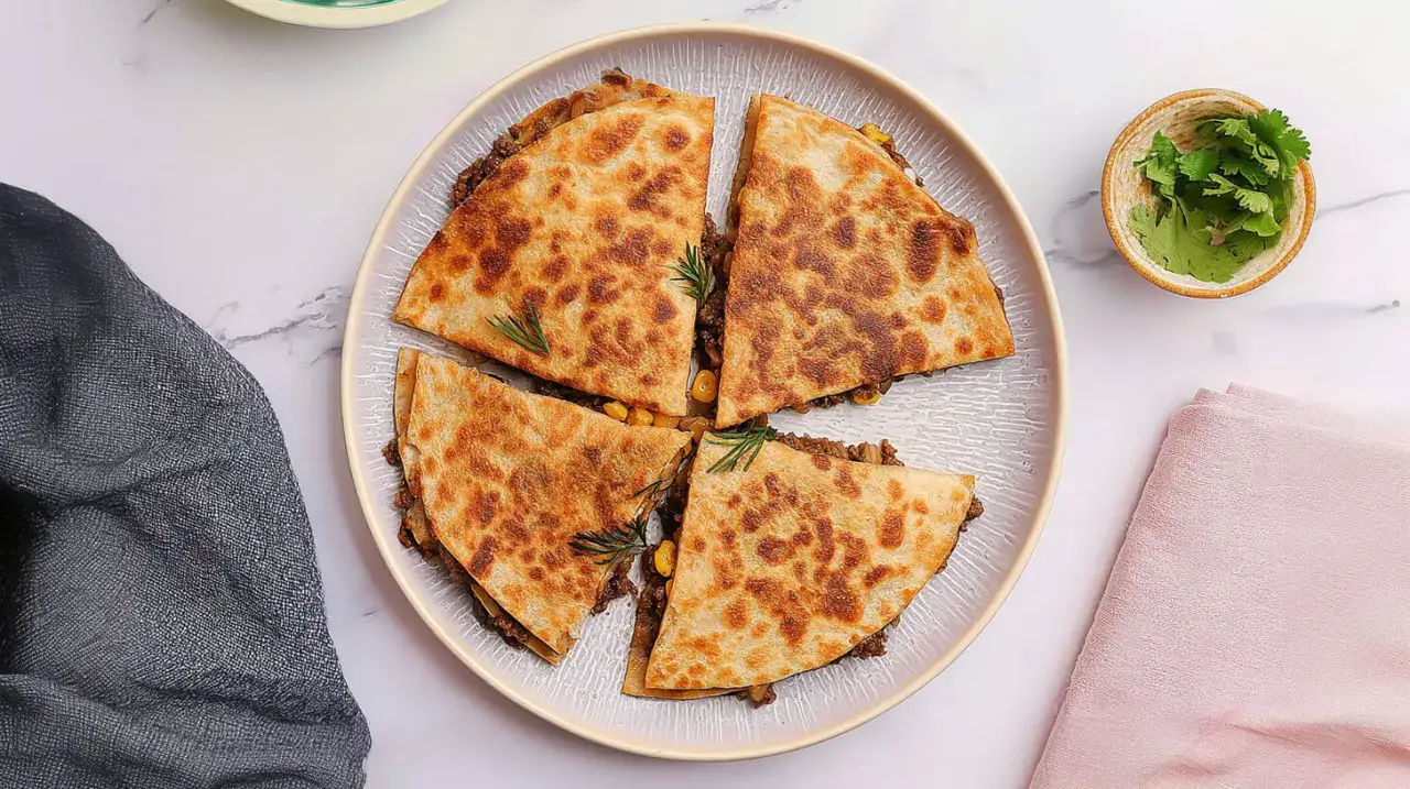 Apetyczna quesadilla z mięsem mielonym, kukurydzą i ziołami, pokrojona na cztery części, podana na talerzu.