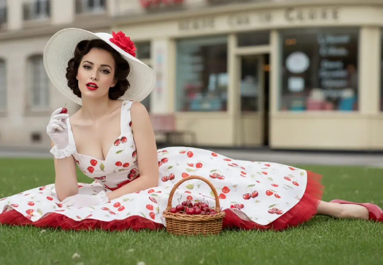 Eine Frau im Vintage-Kleid mit Kirschen, ein Korb voller Kirschen. Das Outfit verkörpert, was bedeutet Vintage Kleidung: zeitlose Eleganz und verspielter Charme.