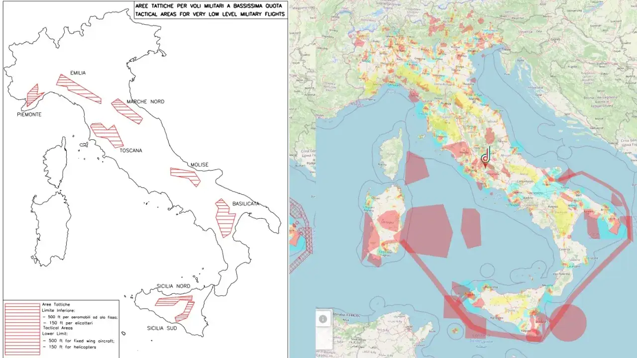 Mappe aree tattiche militari a bassa quota in Italia. La sicurezza aerea droni &egrave; fondamentale in queste zone.