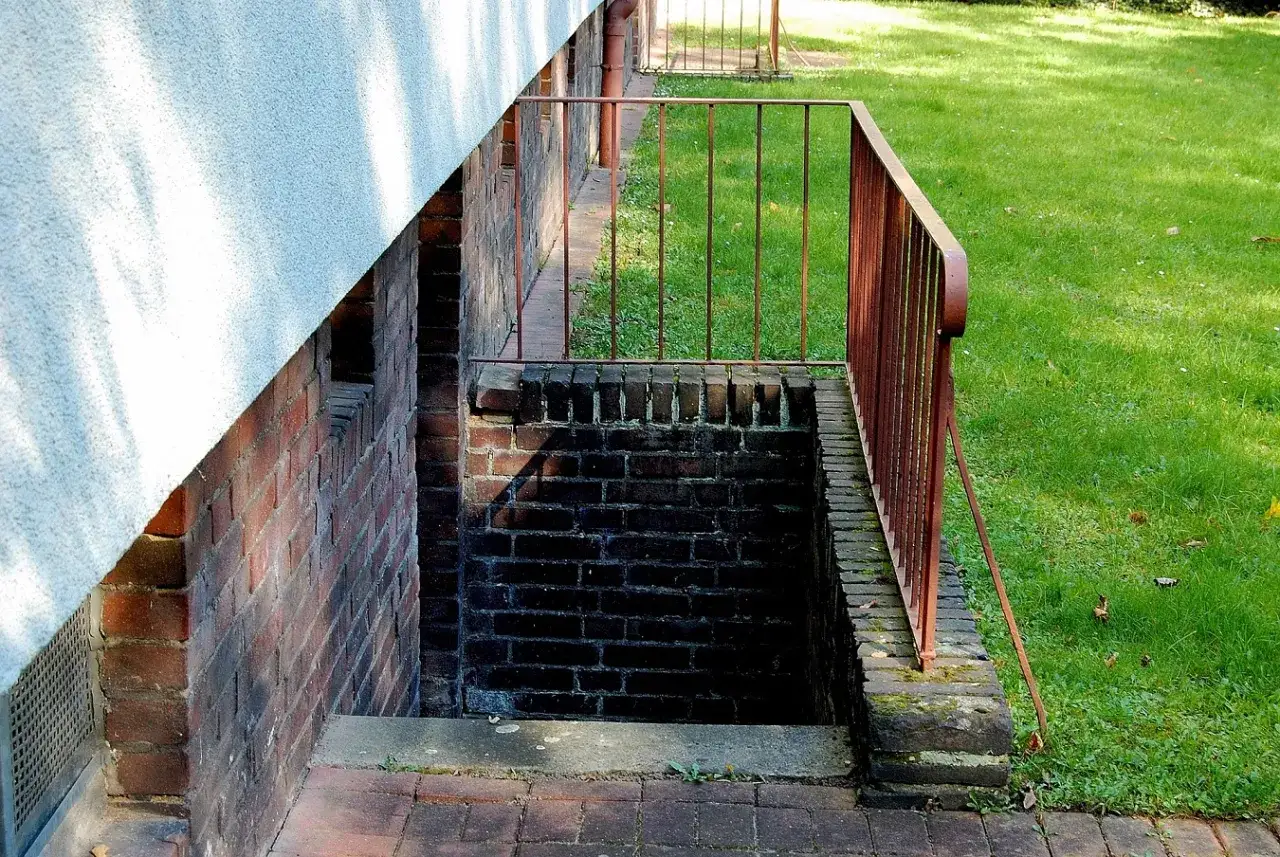Wejście do piwnicy z cegły, z metalową balustradą i zielonym trawnikiem. Czy piwnica wlicza się do powierzchni użytkowej?