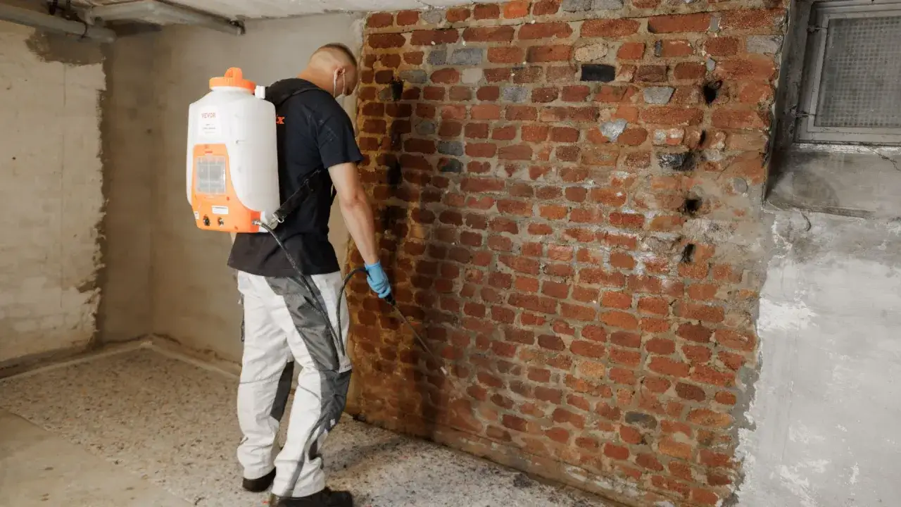 Mann mit Spr&uuml;hger&auml;t bek&auml;mpft **Feuchtigkeit im Keller** an einer Ziegelwand.
