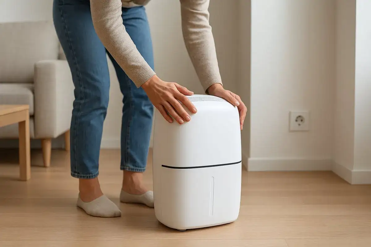 Mani che posizionano un deumidificatore bianco su un pavimento in legno, vicino a un divano. Ideale per capire dove posizionare il deumidificatore.