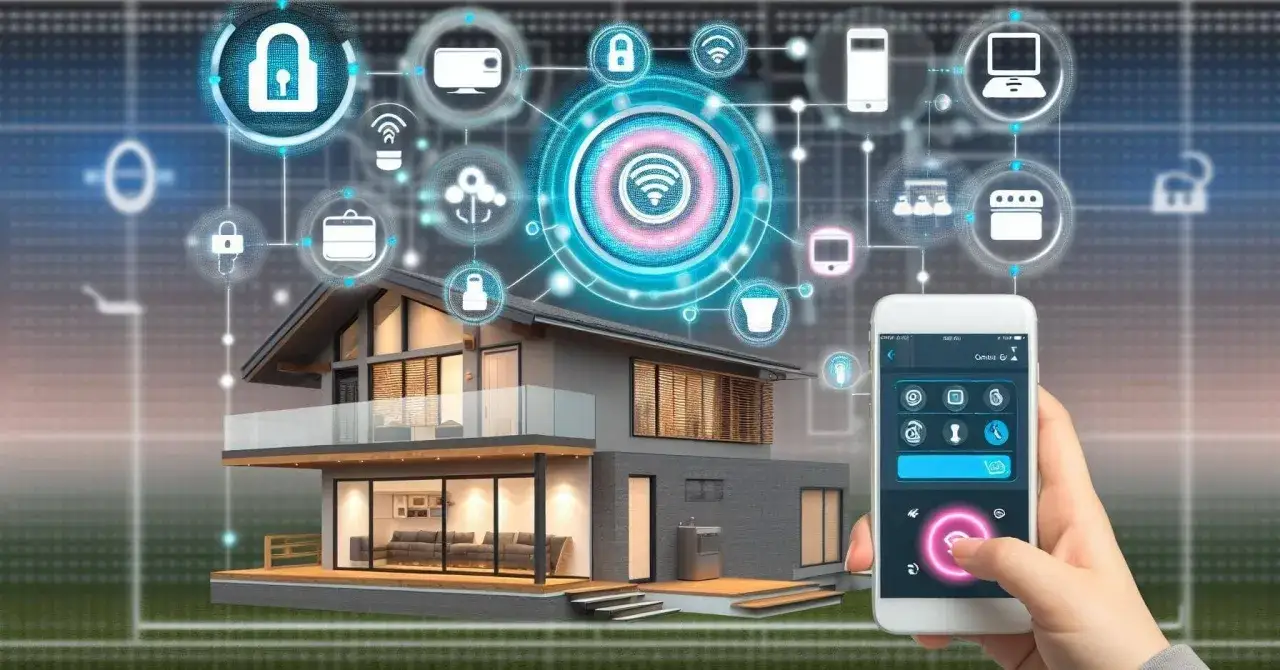 Casa inteligente controlada por smartphone. Cada ícono representa un dispositivo, como un actuador, que responde a comandos.