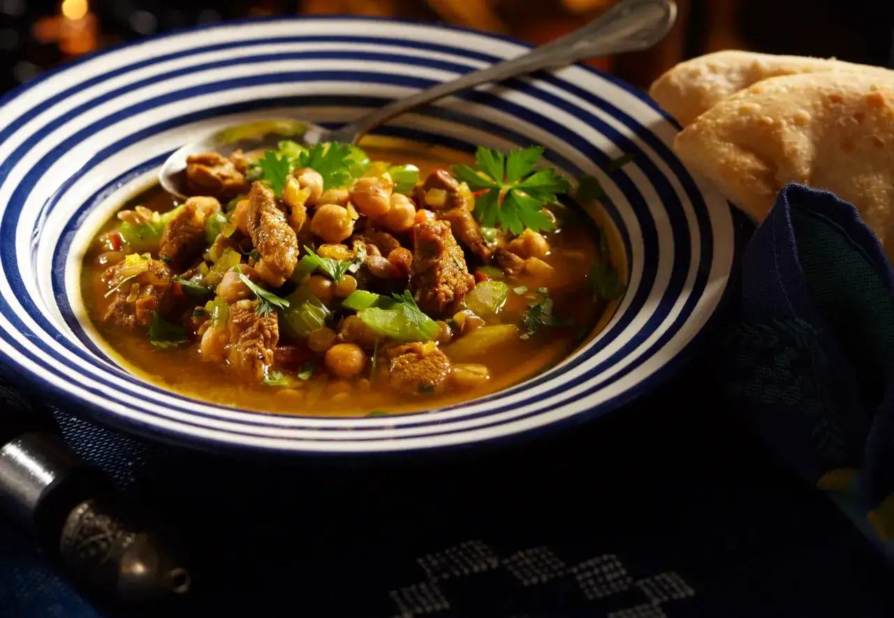 Herzhafte Harira Suppe mit Kichererbsen, Fleisch und frischer Petersilie in einer blau-weiß gestreiften Schüssel, daneben Fladenbrot.