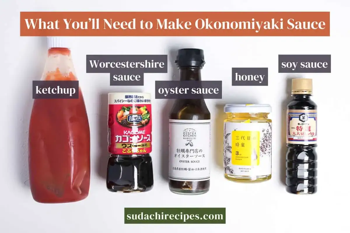 Zutaten für Okonomiyaki-Sauce: Ketchup, Worcestershire-Sauce, Austernsauce, Honig und Sojasauce.