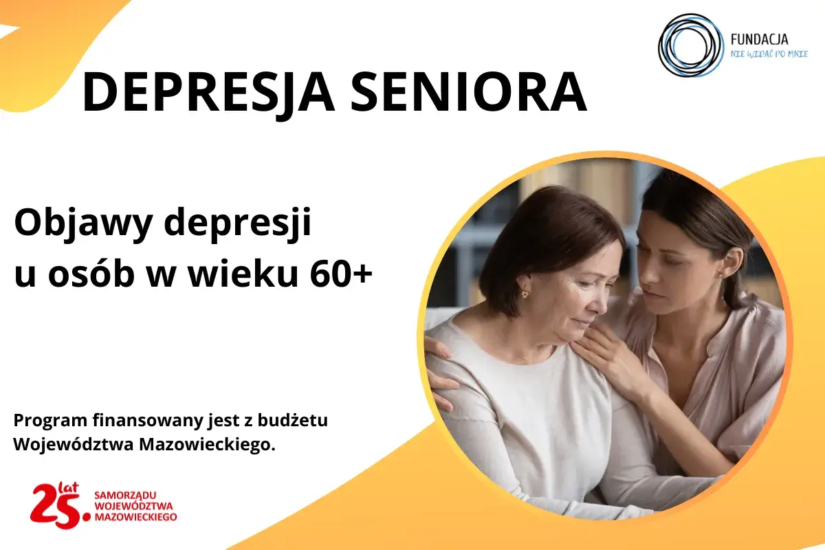Młoda kobieta pociesza starszą, która zmaga się z objawami depresji seniora. Program finansowany przez Samorząd Województwa Mazowieckiego.