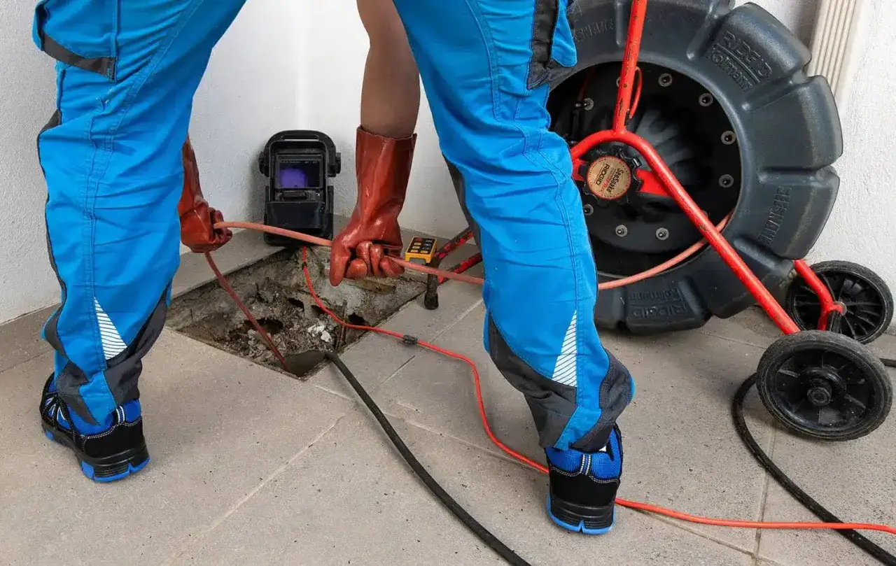 Plombier intervenant sur une canalisation bouchée sous la maison, avec caméra d'inspection.