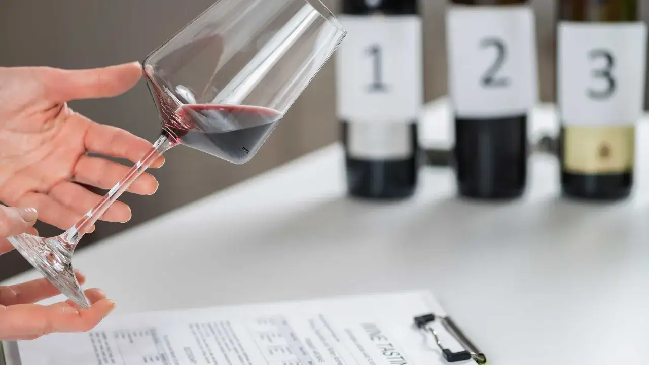 Ein Master of Wine pr&uuml;ft Rotwein in einem Glas, im Hintergrund nummerierte Flaschen und ein Verkostungsformular.