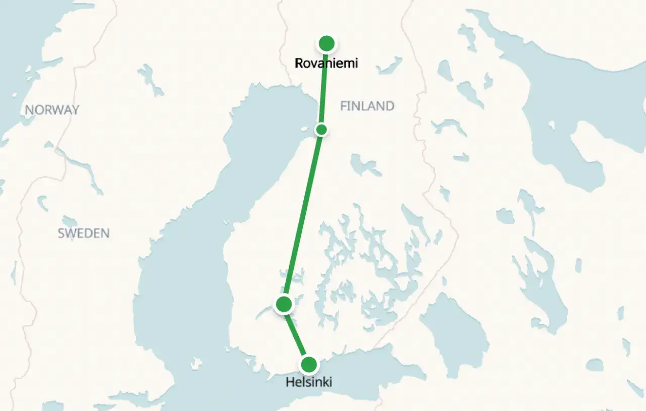 Karte zeigt die Zugstrecke von Helsinki nach Rovaniemi in Finnland.