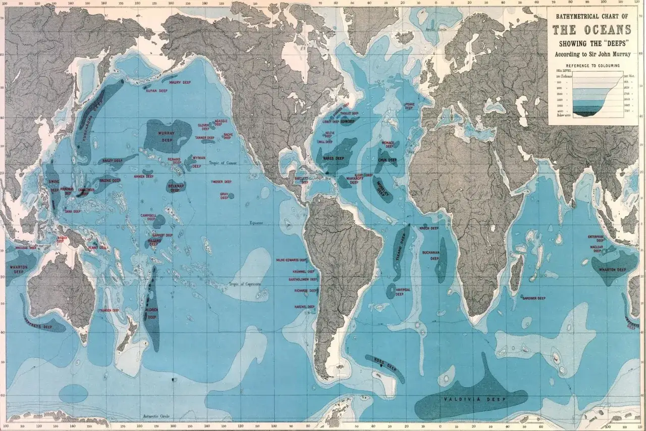Carte bathym&eacute;trique des oc&eacute;ans montrant les 