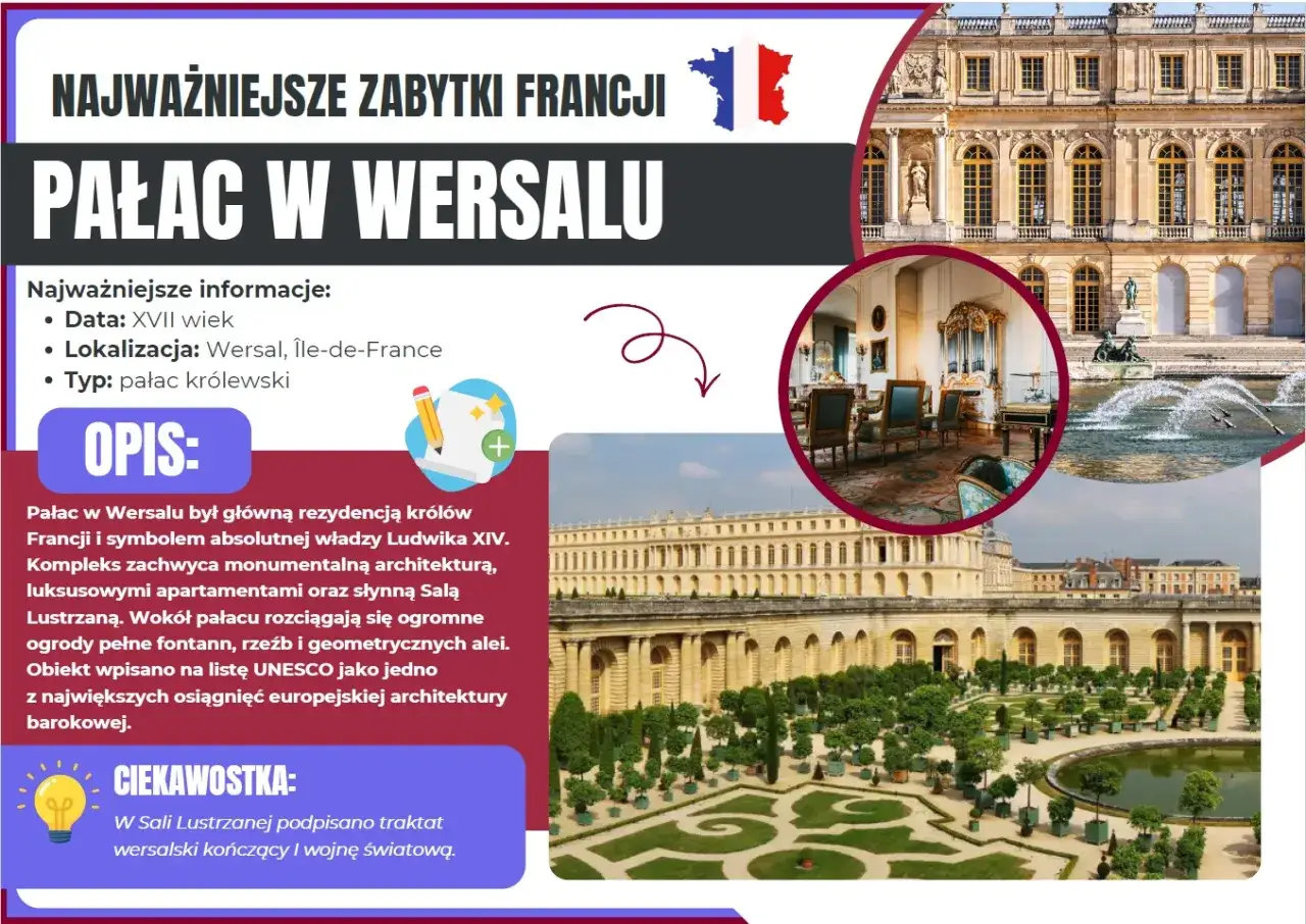 Pałac w Wersalu, jeden z najważniejszych zabytków Francji, zachwyca barokową architekturą i ogrodami.