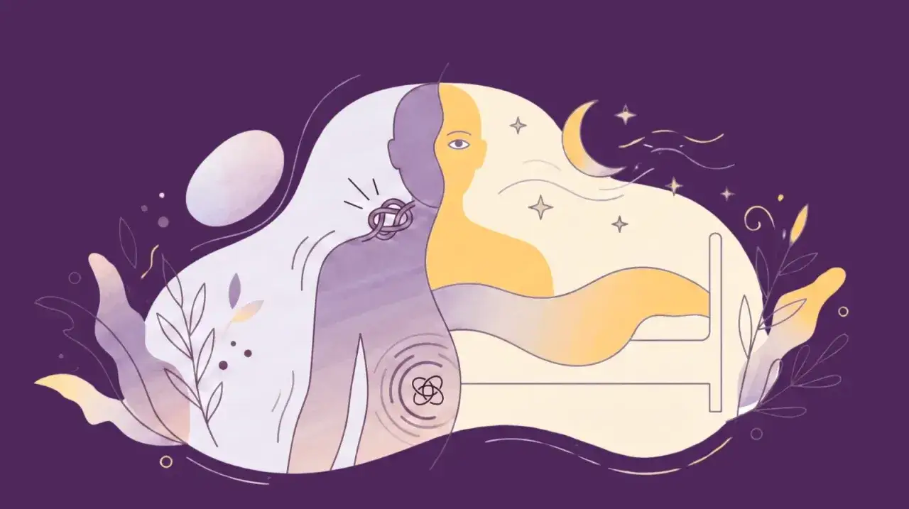 Illustration av en person med ett knut i halsen och en symbol för funktionella symtom. En säng och en måne antyder sömnproblem.