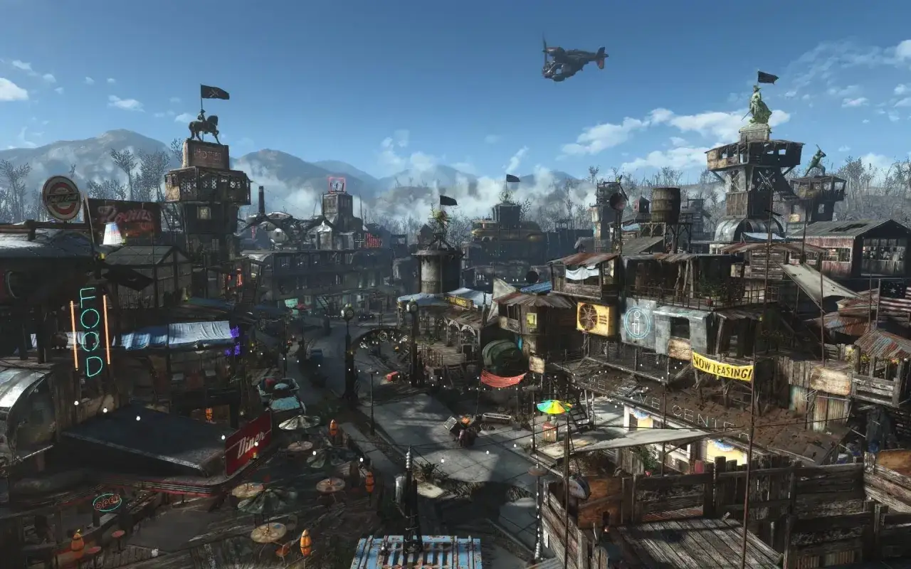 Tętniące życiem **fallout 4 osady** z neonowymi szyldami, prowizorycznymi budynkami i latającym pojazdem na niebie.
